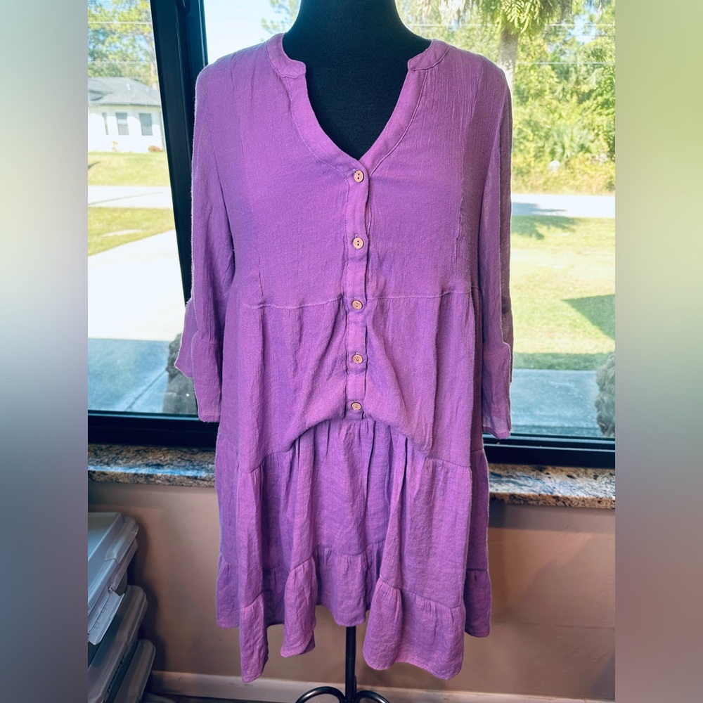 Bybla Purple Button-Down Long Sleeves Women's Tiered Dress Size Large